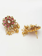 NVR Women's Gold-Polished Red Kundan- Studded & Beaded Handcrafted Temple Jewellery Set