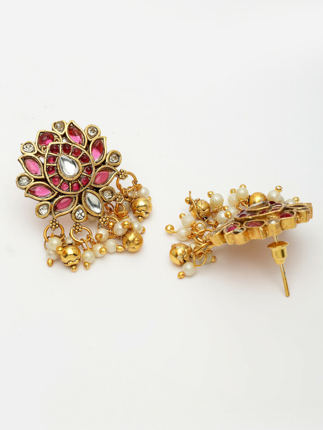 NVR Women's Gold-Polished Red Kundan- Studded & Beaded Handcrafted Temple Jewellery Set