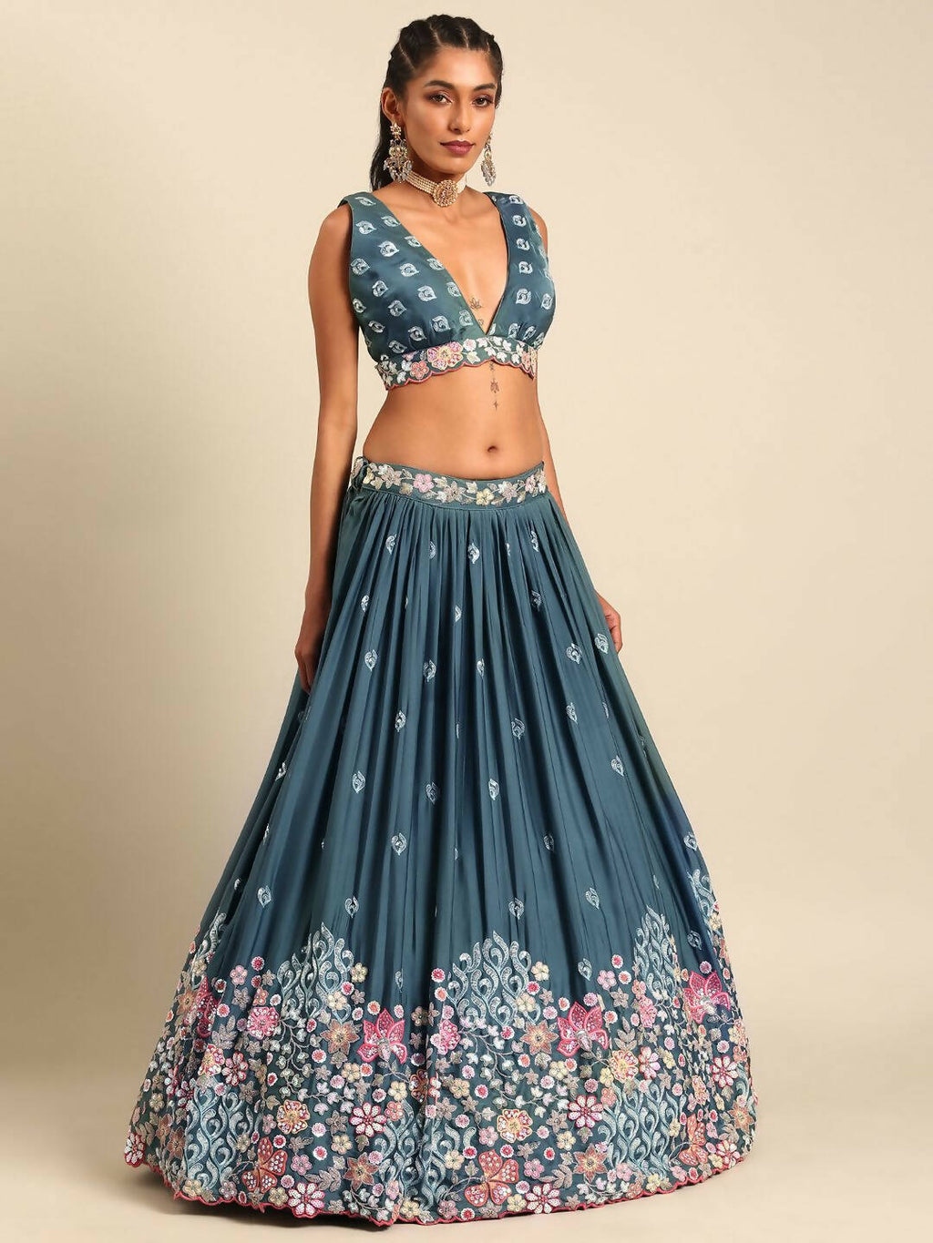 House of Panchhi Teal Blue Chinon Sequins embroidery Lehenga choli & Dupatta