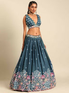 House of Panchhi Teal Blue Chinon Sequins embroidery Lehenga choli & Dupatta