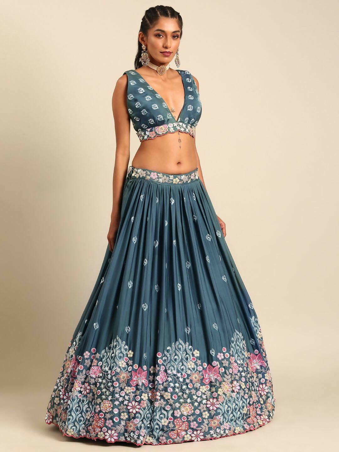 House of Panchhi Teal Blue Chinon Sequins embroidery Lehenga choli & Dupatta