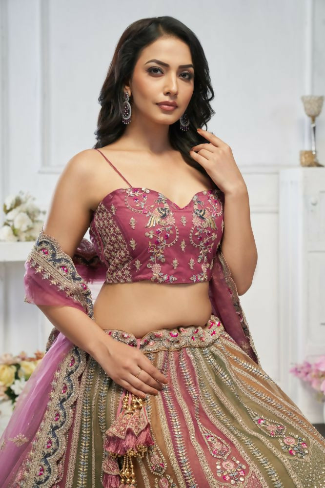 Kesar Fab Multi-Onion Net Embroidered Lehenga
