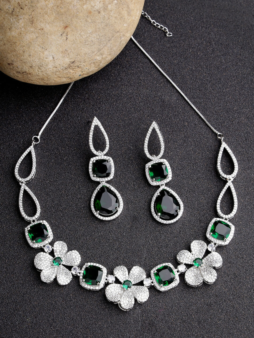 NVR Women's Green & Silver-Plated American Diamond Handcrafted Jewellery Set