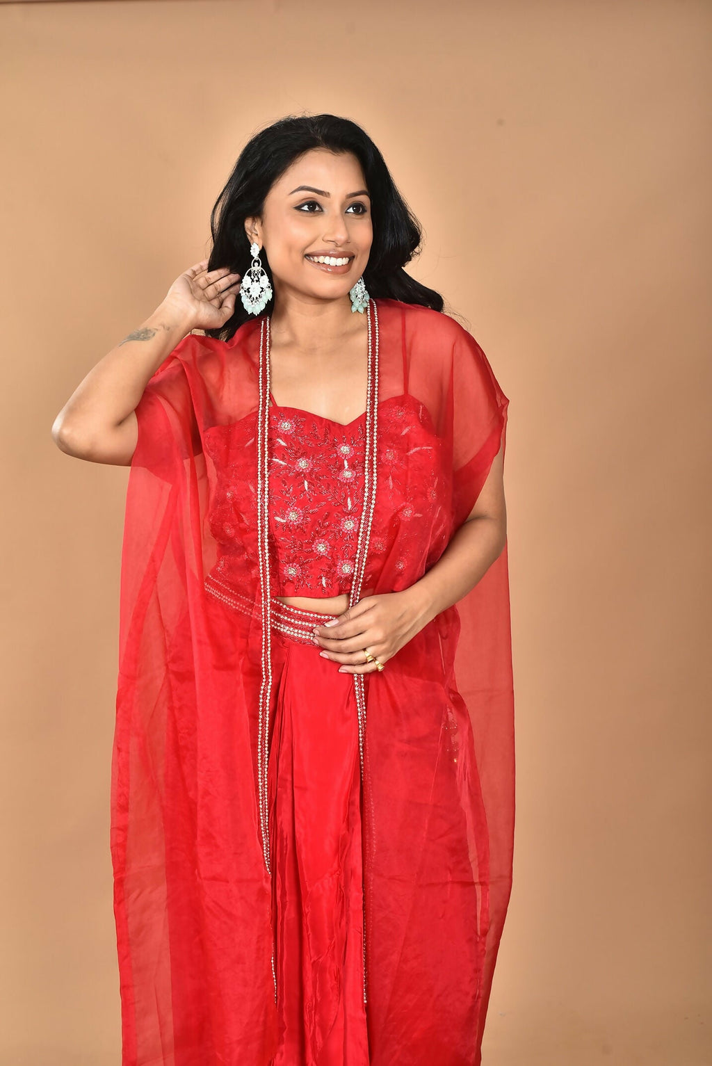 Morchari Women Hand Embroidery Crop Top-Red