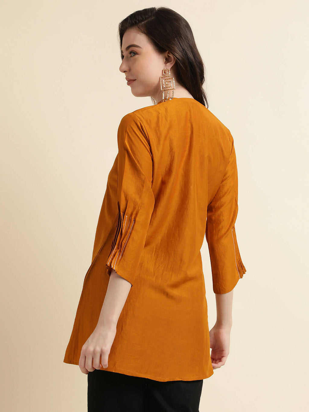 Mustard Chinon Yoke Embroidered A-line Top - Tarini