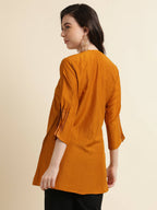 Mustard Chinon Yoke Embroidered A-line Top - Tarini