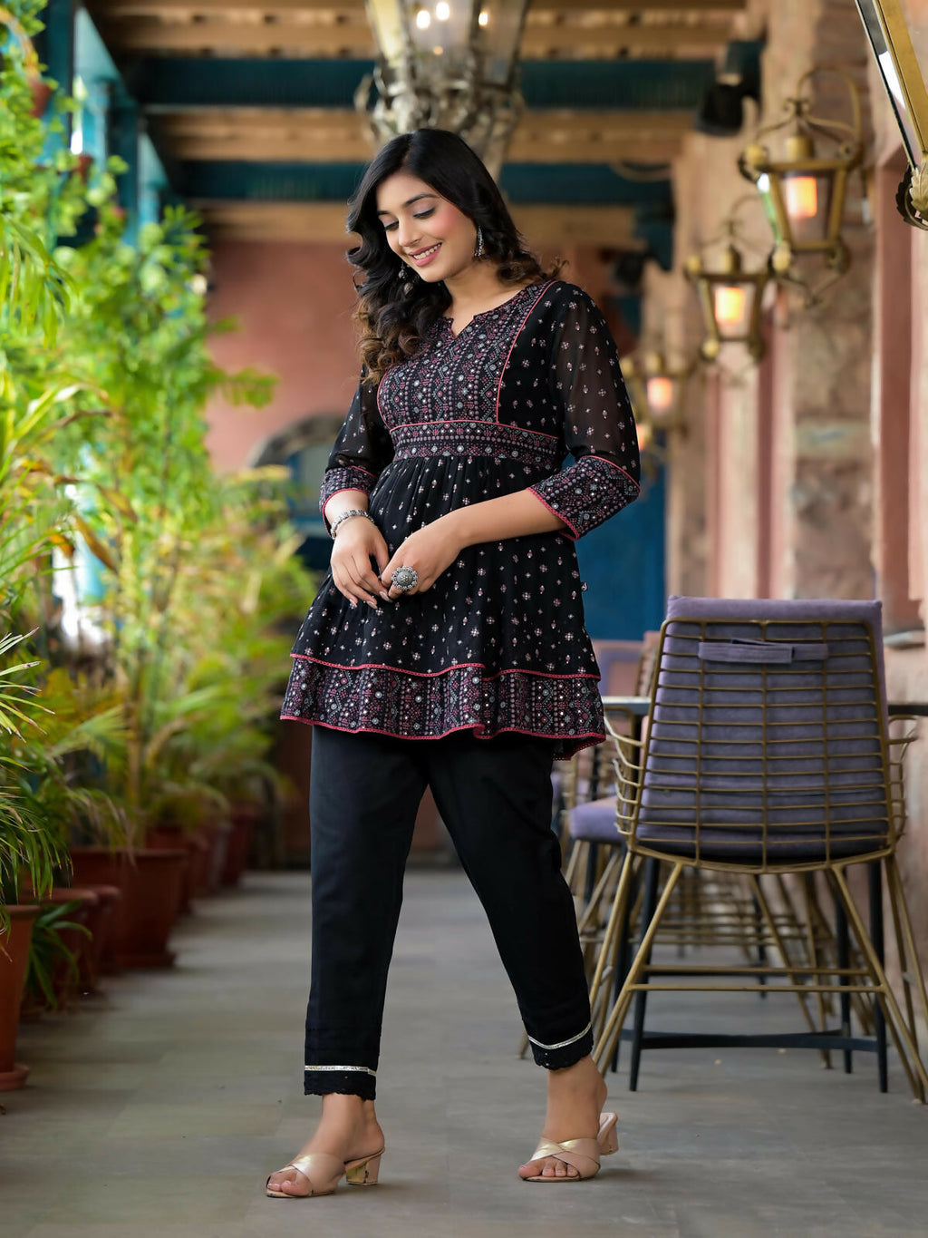 Juniper Women's Black Ethnic Motif Printed Georgette A Lined Tunic