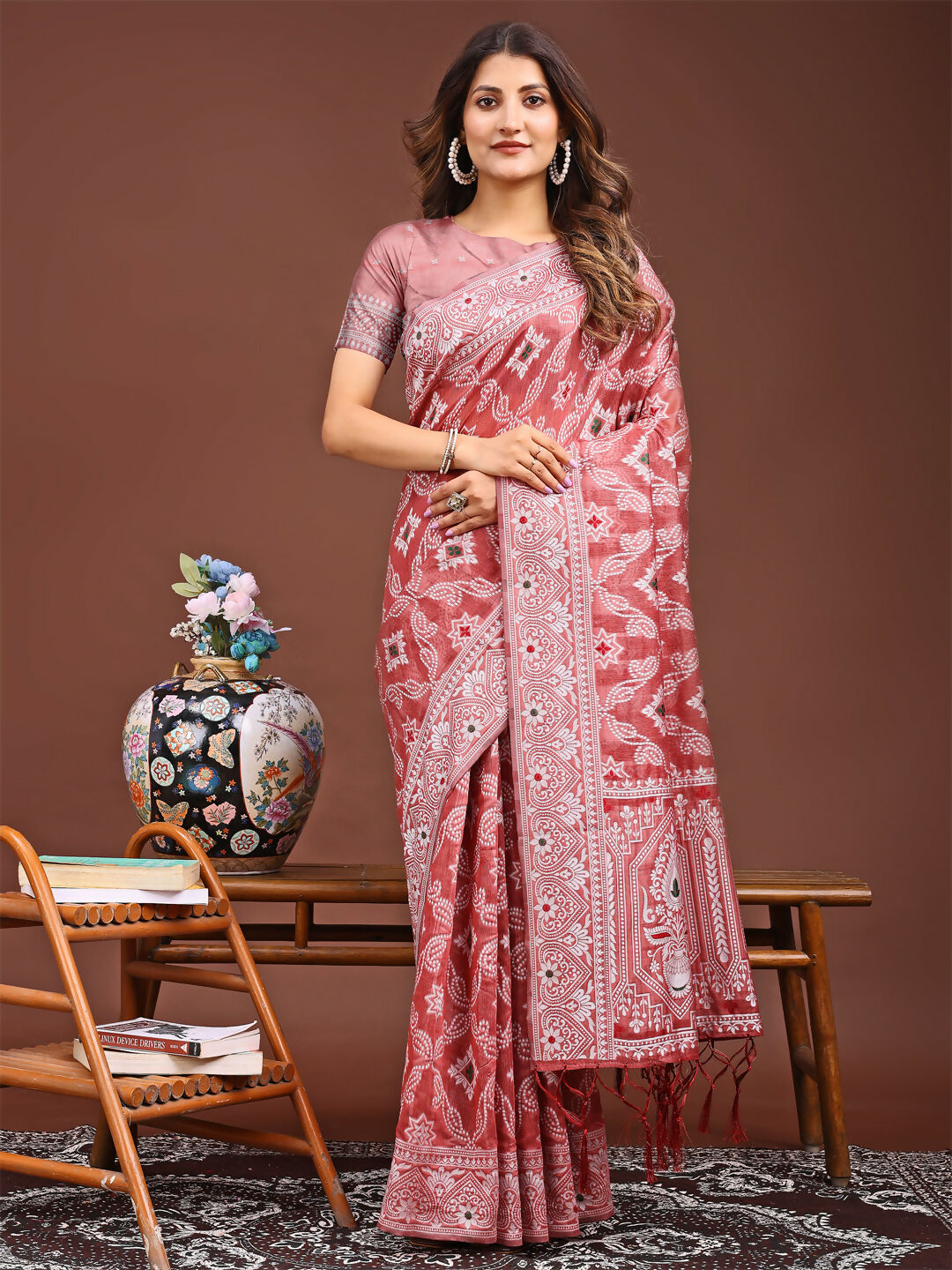 Shree Shyam Fashion Pankhuri Peach Linen Cotton Saree