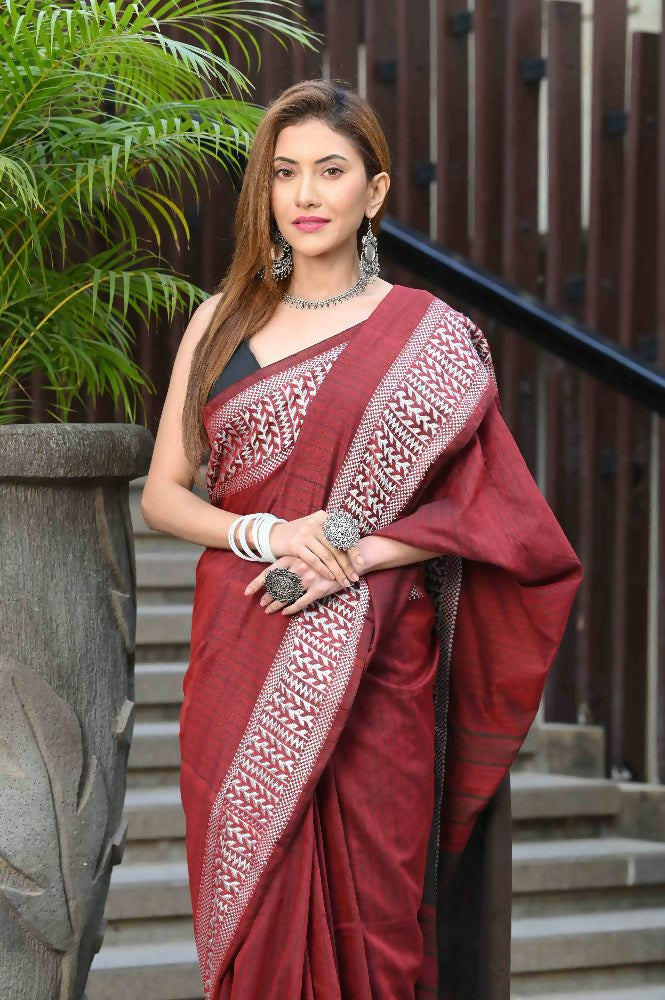Beatitude Red Cotton Jacqaurd Border Tangail Handloom Saree