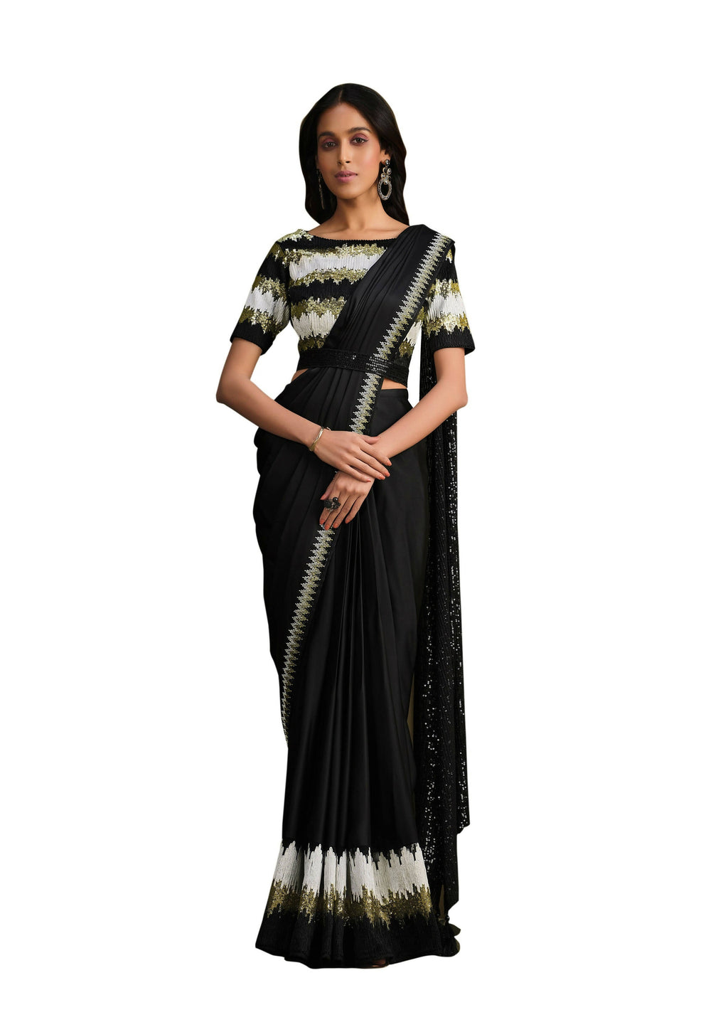 Black Crepe Silk Sequence Embroidered Saree With Stitched Blouse - Mohmanthan La Belle