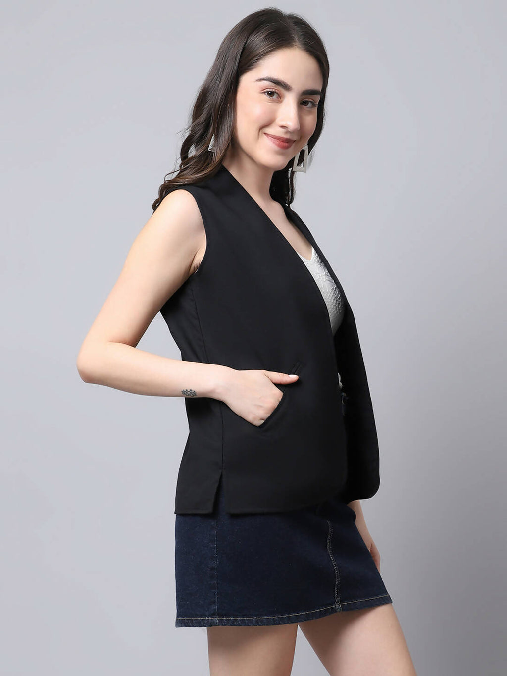 Even Apparels Black Linen Cotton Open Front Women's Waistcoat