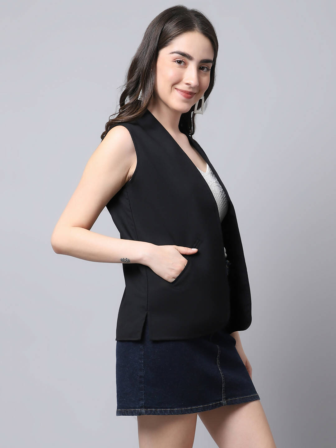 Even Apparels Black Linen Cotton Open Front Women's Waistcoat