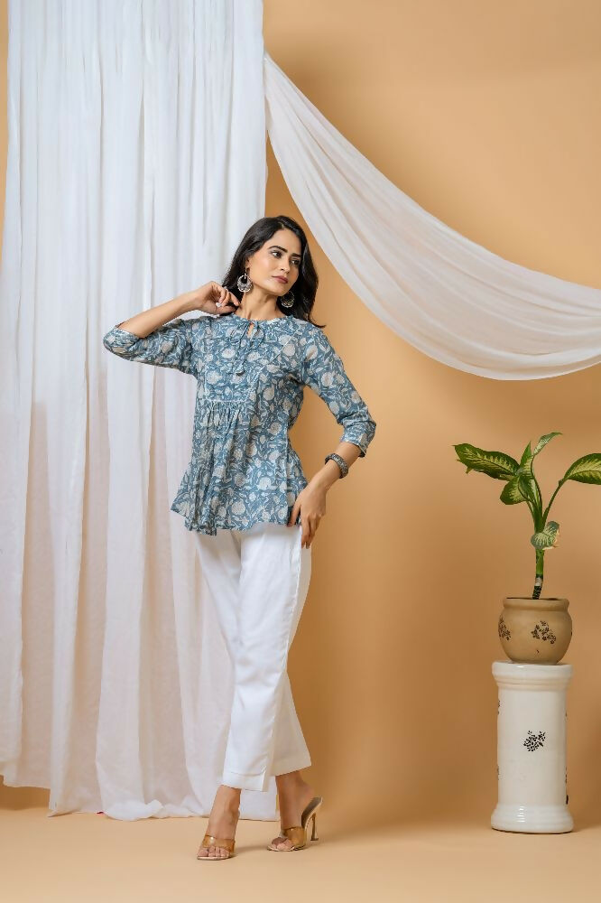 Joban Fashion Blue Floral Hand Block Printed Cotton Co-Ord Set - Distacart