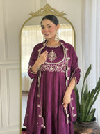 The52 Purple Women's Gorgeous Embroidered Vichitra Silk Fabric Flared Kurta Pant with Dupatta Set - Distacart