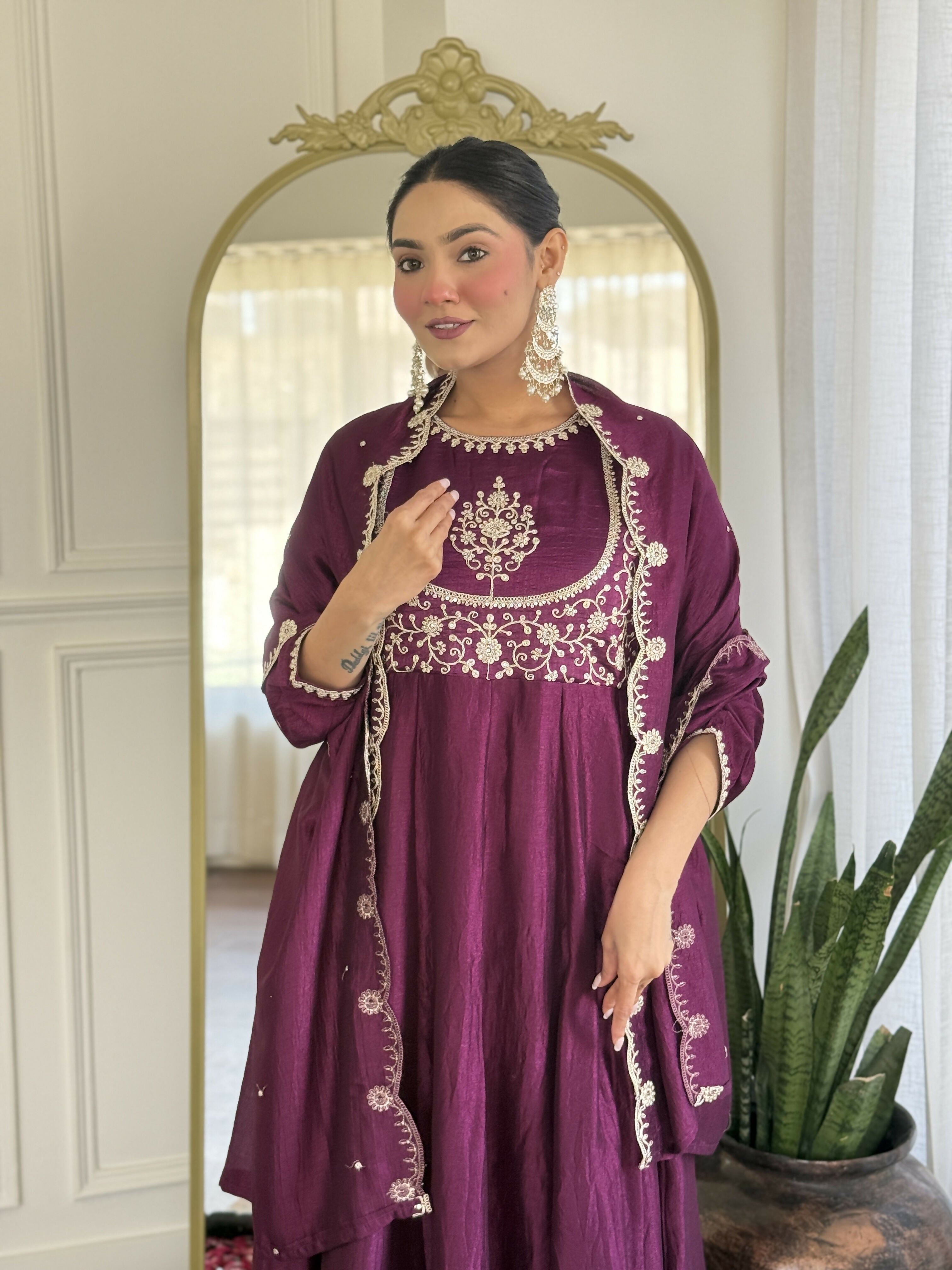 The52 Purple Women's Gorgeous Embroidered Vichitra Silk Fabric Flared Kurta Pant with Dupatta Set - Distacart