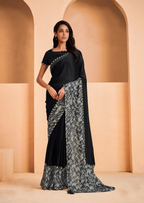 Black Satin Crepe Silk Embroidery with Digital Sequence Work Saree - Norita Helly