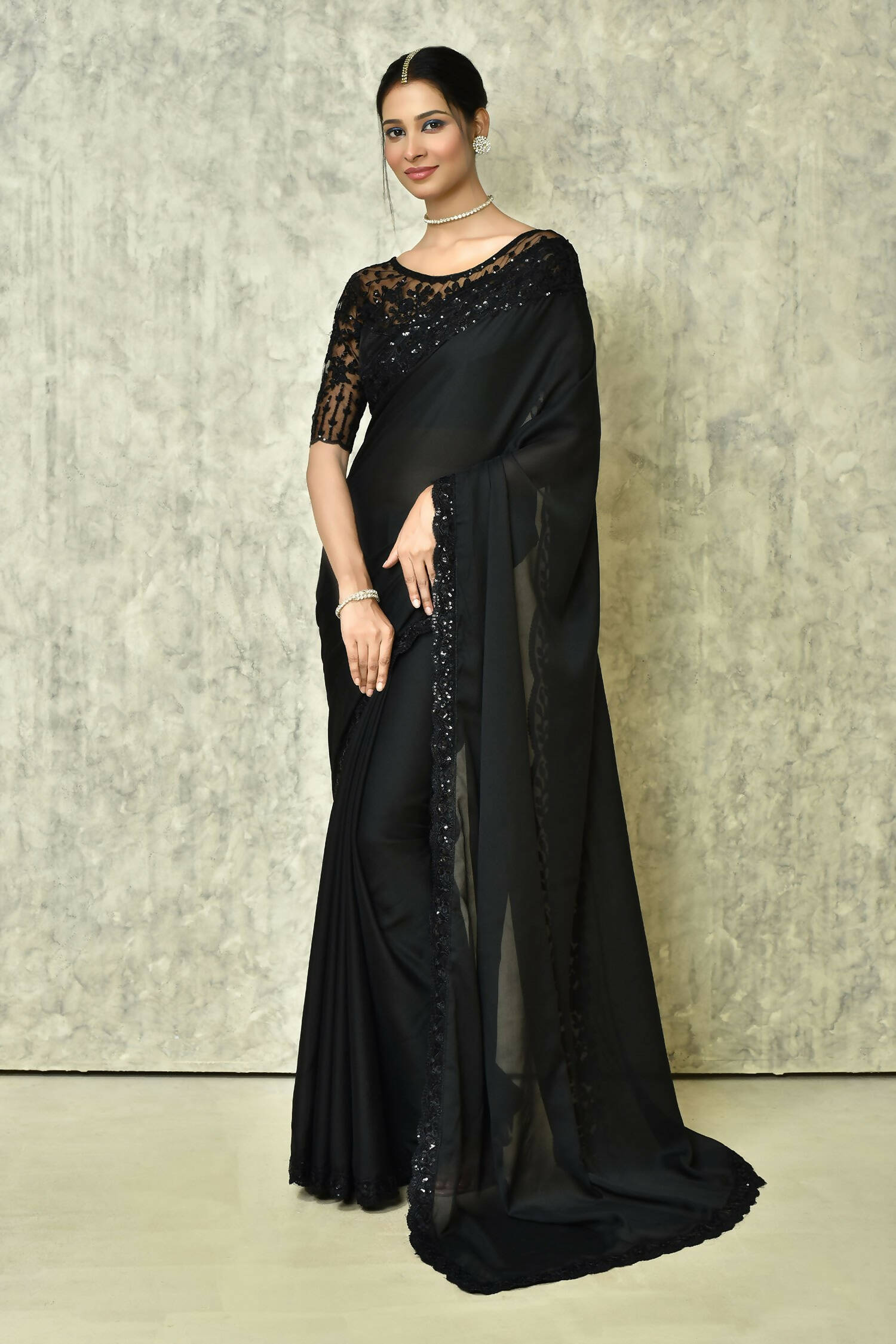 Black Silk Plain Saree with Blouse Piece - Purvi