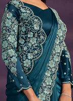 Light Blue Crepe Satin Silk Embroidered Saree With Stitched Blouse - Mohmanthan Exotica