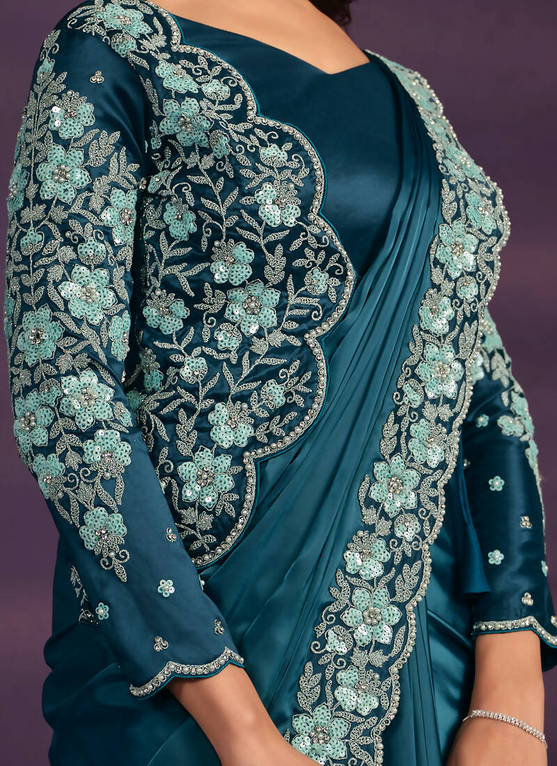 Light Blue Crepe Satin Silk Embroidered Saree With Stitched Blouse - Mohmanthan Exotica
