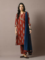 Myshka Women's Rust Printed Cotton Straight Party Kurta Set With Dupatta
