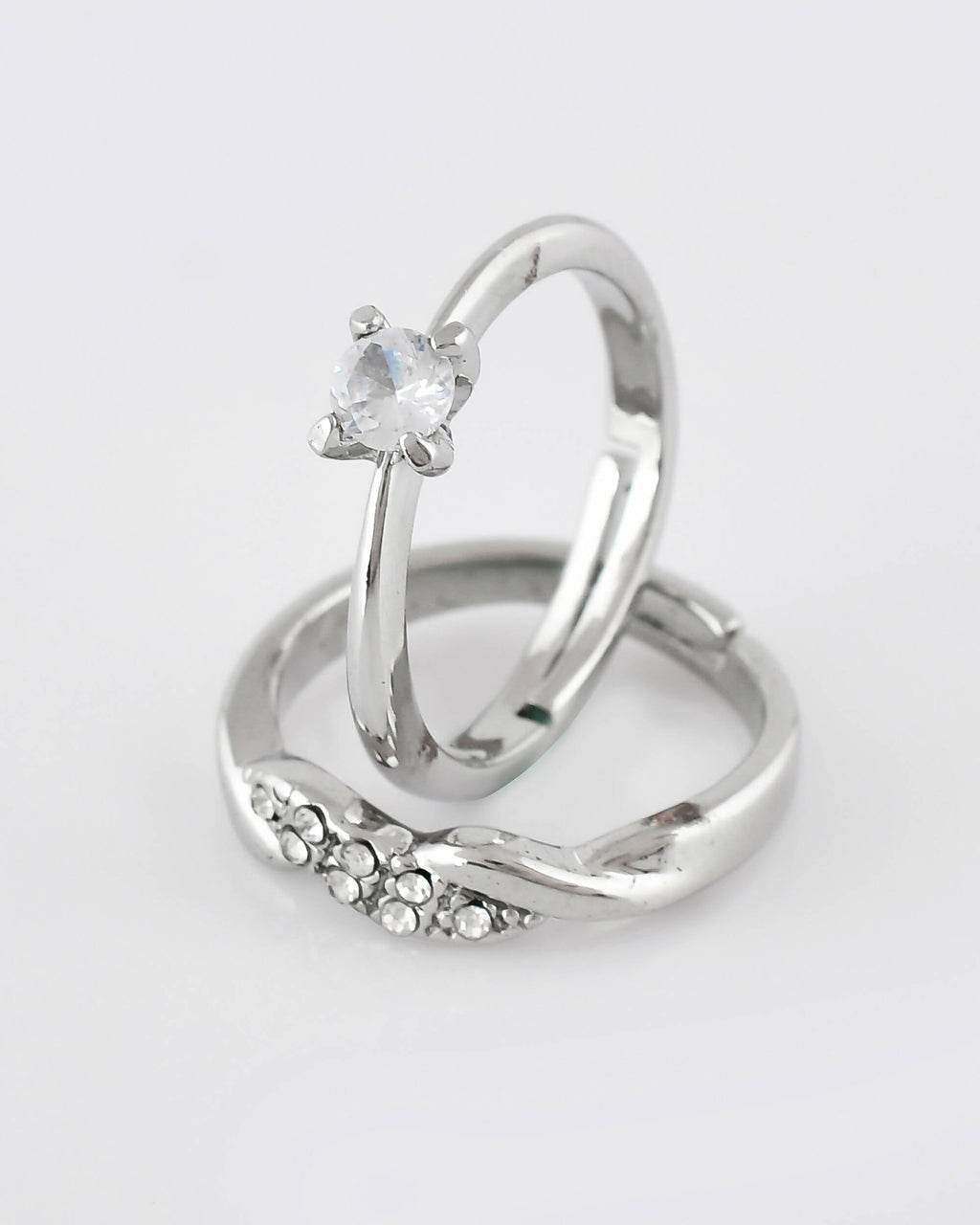 VOJ Stainless Steel Cubic Zirconia Silver Plated Adjustable Ring Set for Couple