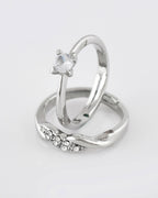 VOJ Stainless Steel Cubic Zirconia Silver Plated Adjustable Ring Set for Couple
