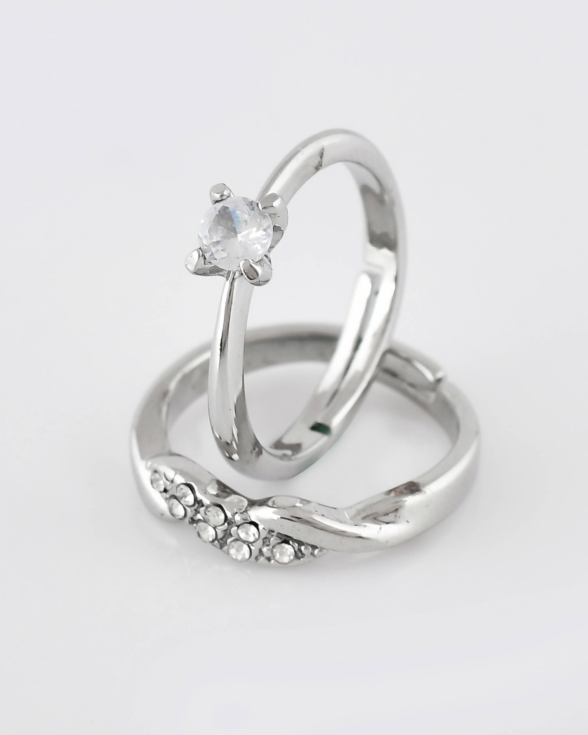 VOJ Stainless Steel Cubic Zirconia Silver Plated Adjustable Ring Set for Couple
