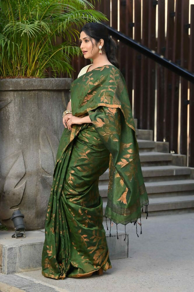 Beatitude Green Cotton Floral Jamdani Saree