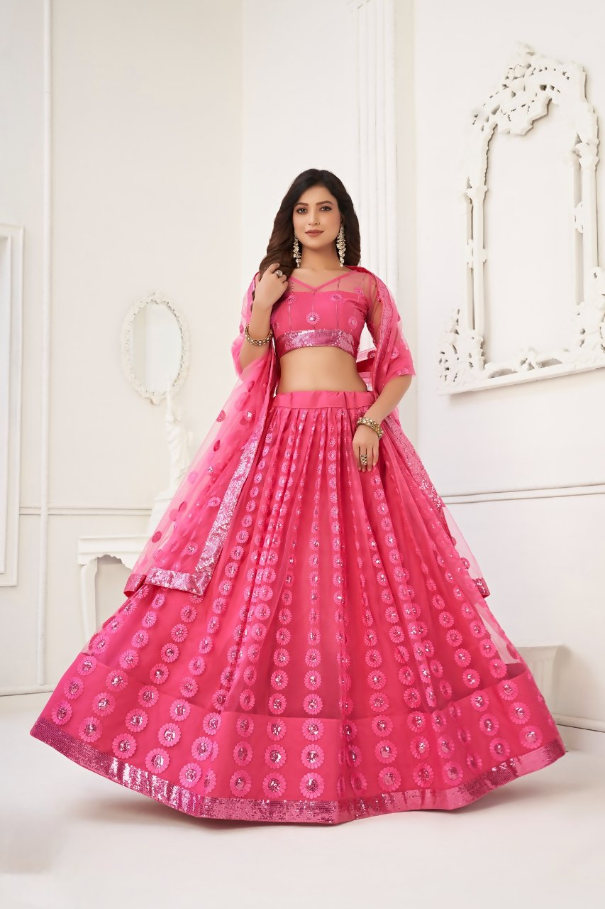 Eilara Women'S Pink Butterfly Net With Sequins And Embroidery Work Lehenga Choli For Party Wear