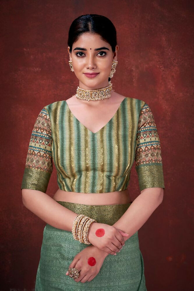 Green Poly Habotai Silk Foil Print Saree with Unstitched Blouse - Kathari