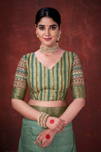 Green Poly Habotai Silk Foil Print Saree with Unstitched Blouse - Kathari