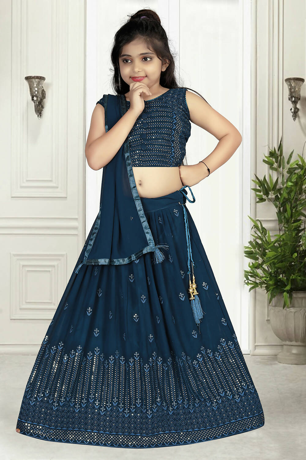 Wedding Designer Rama Pure Georgette Kidswear Lehenga - Aaradhna