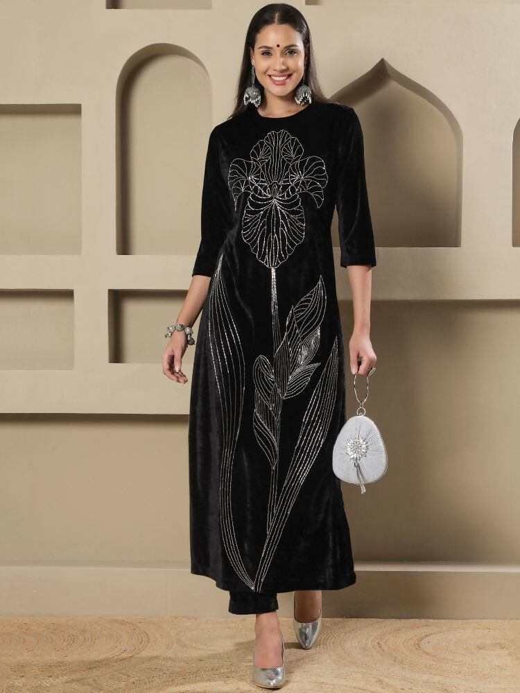Joban Fashion Women Black Velvet Hand Embellishment Stitched Kurta Set - Distacart