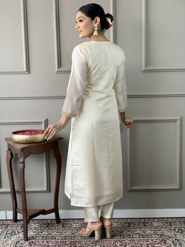 White Viscose Chanderi Stitched Suit With Dupatta - Tanisha