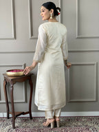 White Viscose Chanderi Stitched Suit With Dupatta - Tanisha