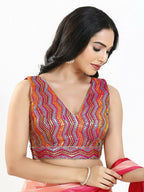 Joban Fashion Pink Multi Silk Padded Blouse With V Neck Sleeveless - Distacart