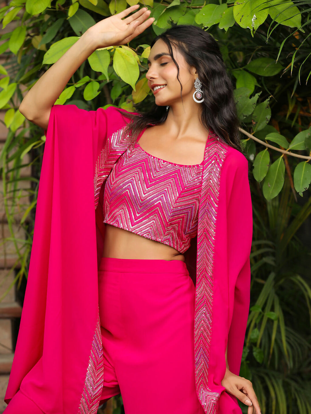 Janasya Pink Georgette Embroidered Top Bottom Cape