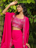 Janasya Pink Georgette Embroidered Top Bottom Cape