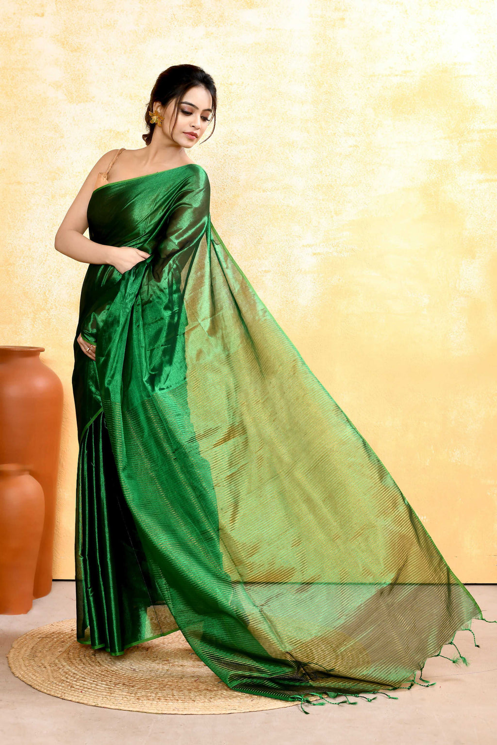 Piyari Fashion Women's Green Dual Tone Organic Tissue Saree With Blouse Piece - Distacart