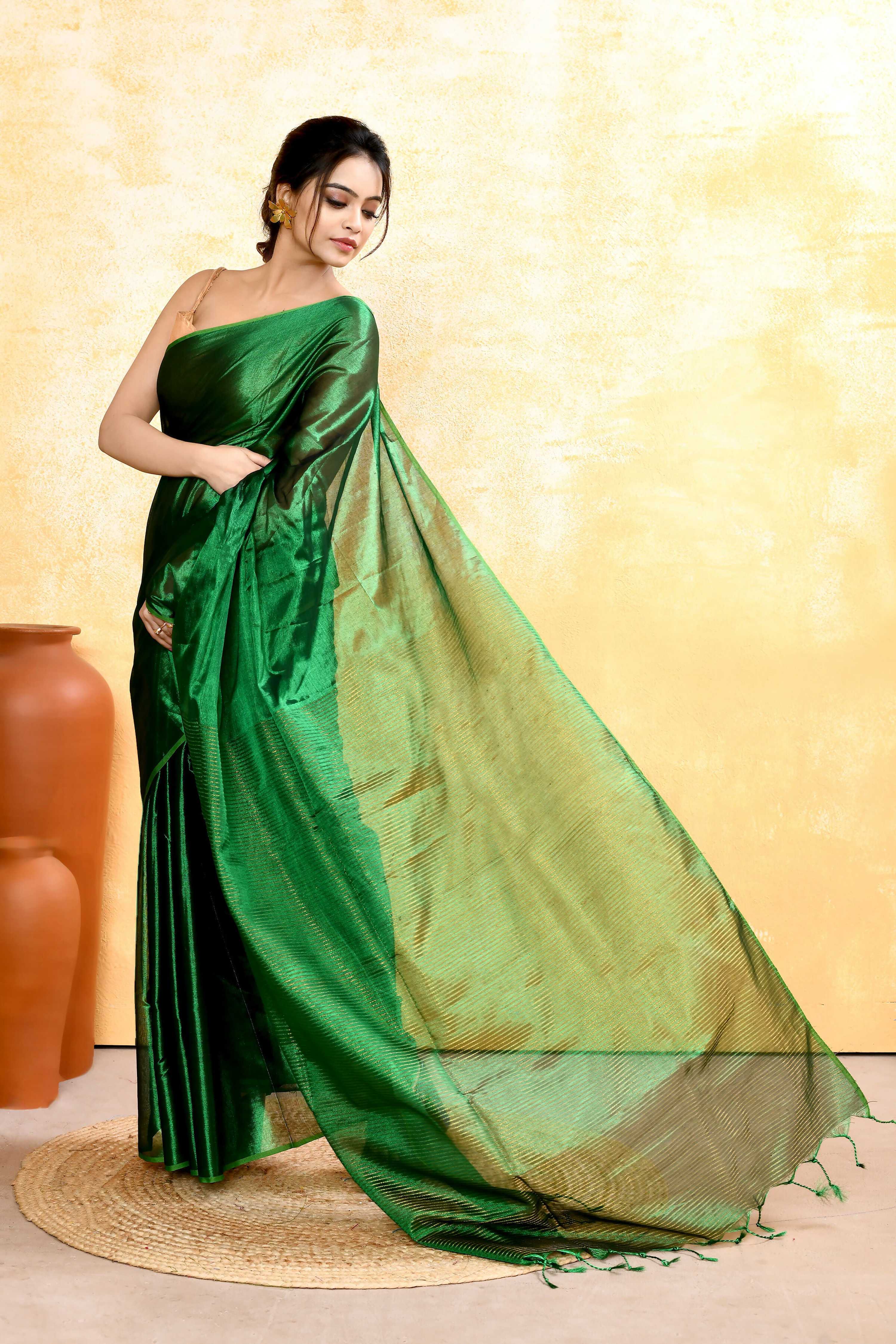 Piyari Fashion Women's Green Dual Tone Organic Tissue Saree With Blouse Piece - Distacart