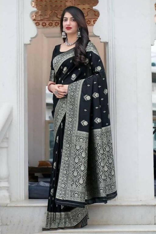 DEIANA'S Beautiful Designer Golden zari Soft Lichi Silk Saree - Black