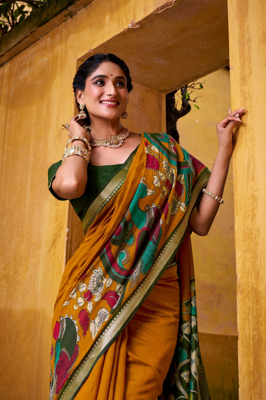 Vastranavya Mustard Viscose Chanderi Kalamkari Print with Zari Working Saree & Unstitched Blouse - Distacart