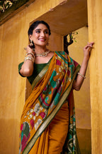Vastranavya Mustard Viscose Chanderi Kalamkari Print with Zari Working Saree & Unstitched Blouse - Distacart