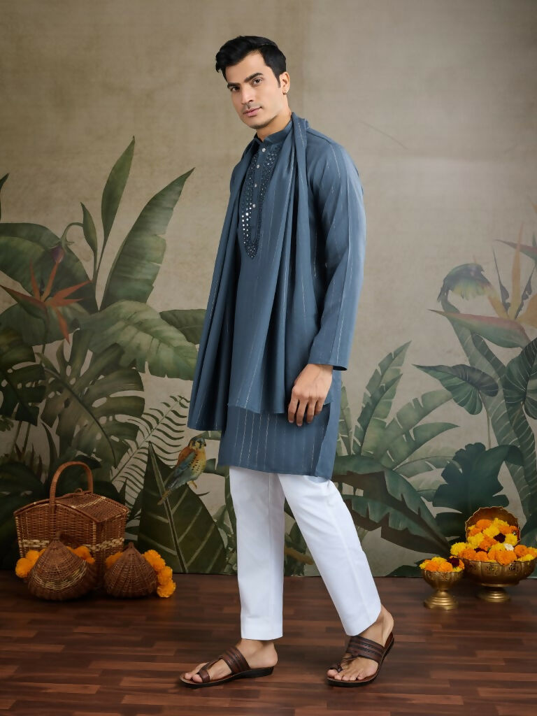 Vastranavya Blue Grey Exclusive Viscose Rayon Festival Wear Real Mirror Work Kurta with Dupatta