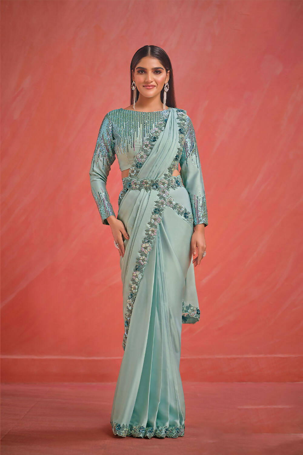 Light Blue Crepe Silk Satin Cord & Sequence Embroidery with Thread & Stone Work Saree With Stitched Blouse - Mohmanthan Elegancia