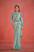 Light Blue Crepe Silk Satin Cord & Sequence Embroidery with Thread & Stone Work Saree With Stitched Blouse - Mohmanthan Elegancia