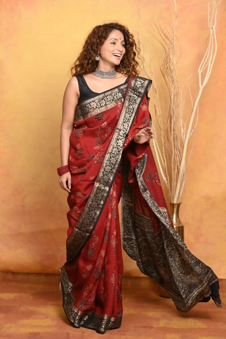 Very Much Indian Modal Silk Ajrakh Handblock Printed Natural Dyes With Designer Border Saree - Red