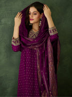The52 Wine Women's Gorgeous Embroidered Work Vichitra Silk Fabric Flared Kurta Pant and Dupatta Set - Distacart