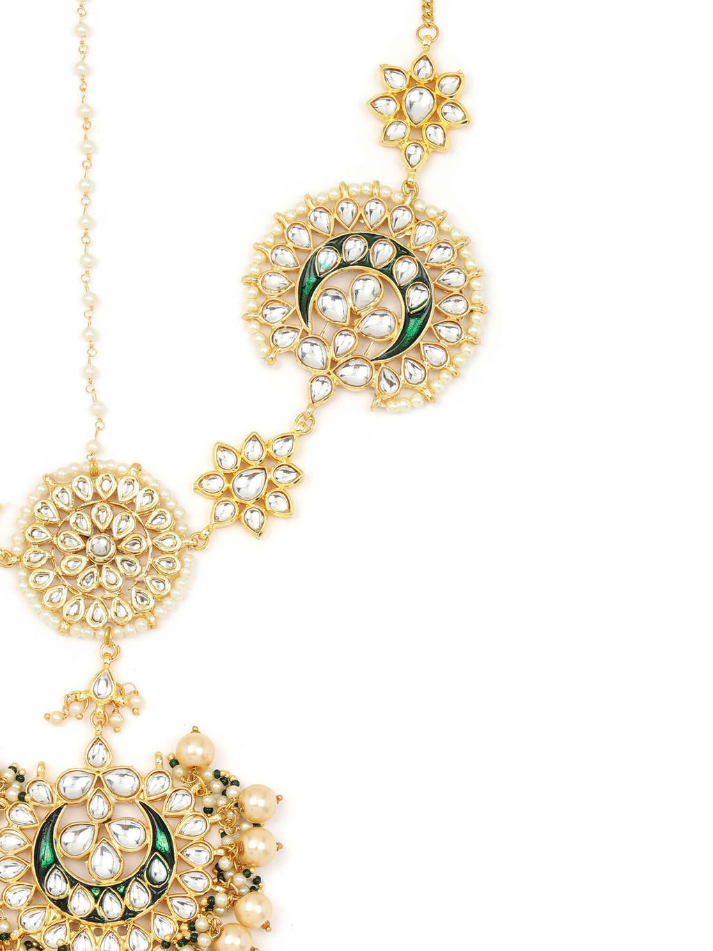 Gold-Plated White Kundan-Studded Pearl Beaded Matha Patti - Ruby Raang - Distacart