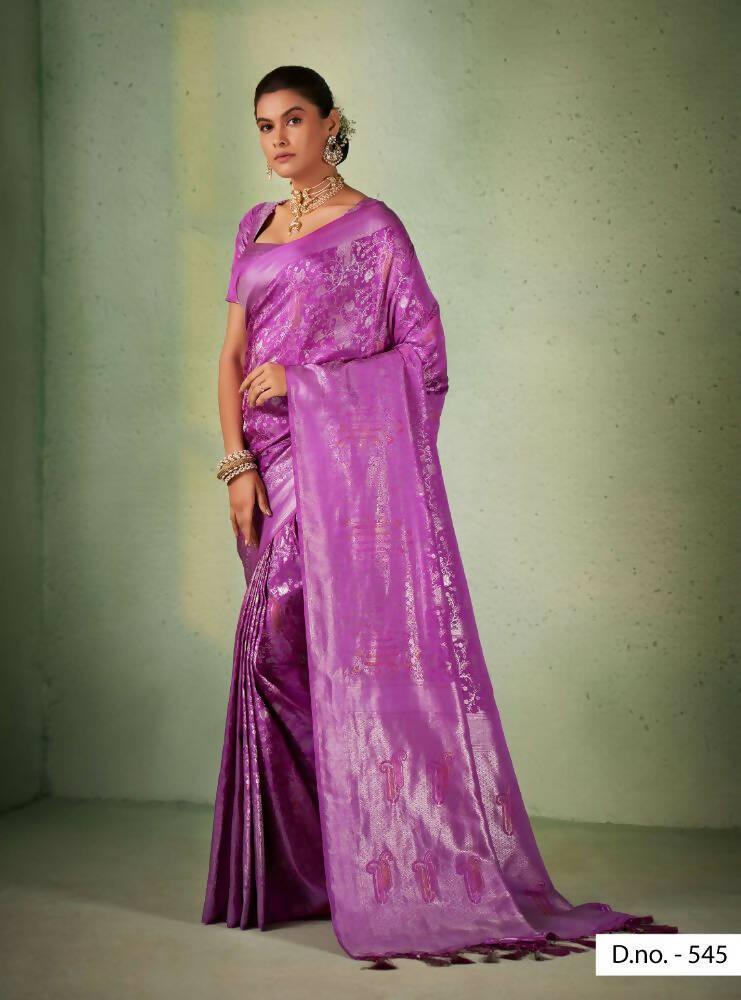 Graceful Designer Violet Color Kanjivaram Silk Saree With Weaving Work - Yomika Fashions